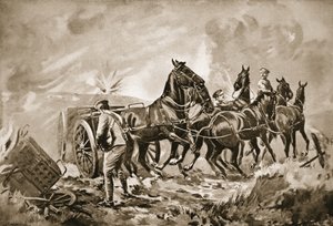 Chauffeur King helpt bij het aanhaken van een kanon onder zwaar vuur door George Derville Rowlandson